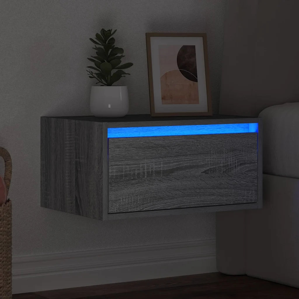 Comodino | Armadio da Notte | Mobiletto da notte a Parete con luci LED Grigio Sonoma