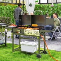 Barbecue a Carbone e Gas con 3 Bruciatori e Coperchio, Termometro, Ruote e Ripiani, Nero