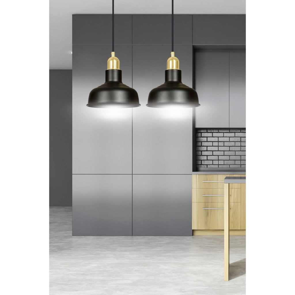 Lampadario Industrial 2 Luci Kubera In Acciaio Nero Con Elementi In Oro