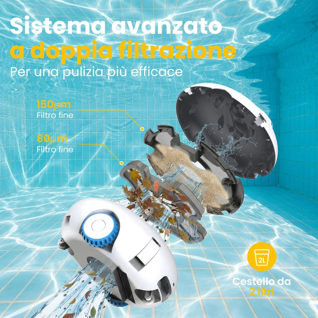 Robot pulitore per piscine, autonomia di 120 minuti, in grado di arrampicarsi sulle pareti della piscina, potente aspirazione, parcheggio automatico.