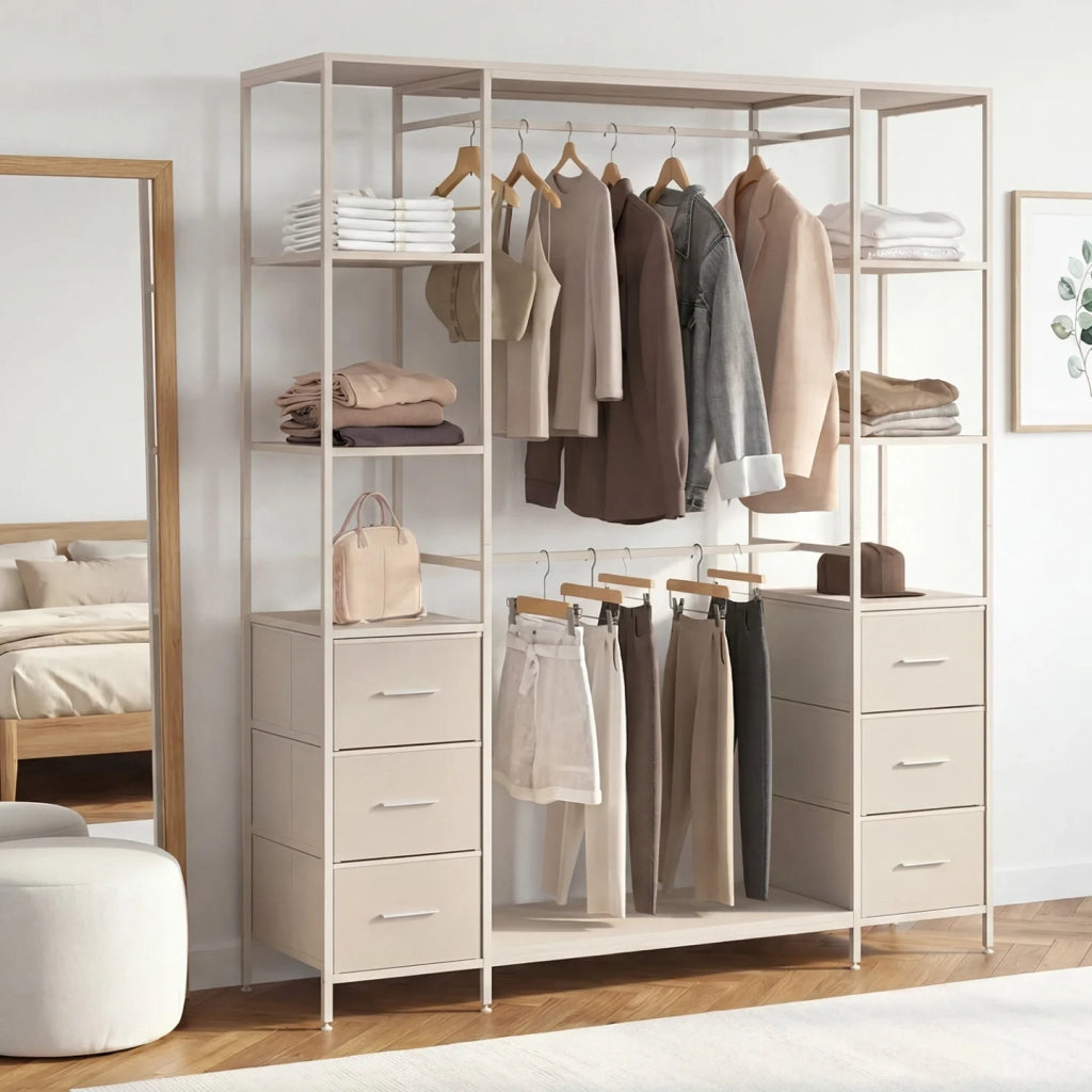 IDMarket - Armadio doppio UTAH + colonna doppia L. 140 cm con 6 ripiani e 6 cestini in tessuto beige