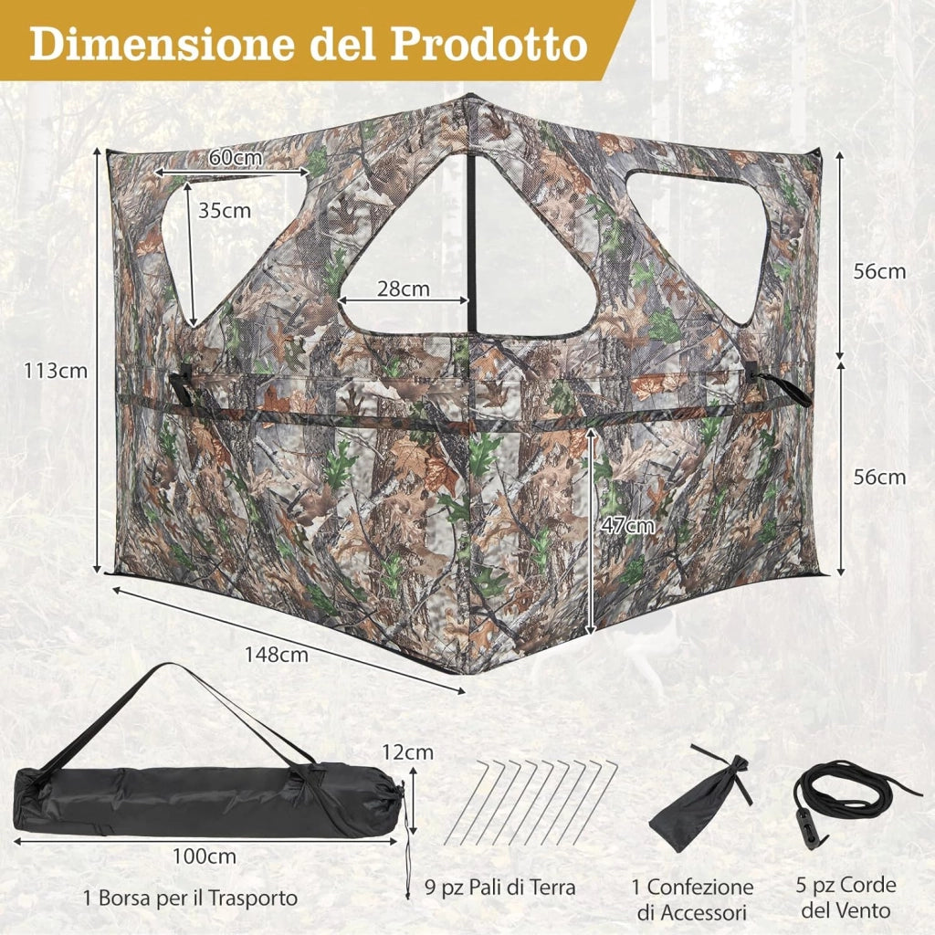 Tenda da Caccia Trasparente a 360 Gradi Portatile, Tenda da Terra a 2 Pannelli con Borsa per Trasporto, Tenda da Caccia Mimetico per Caccia al Cervo
