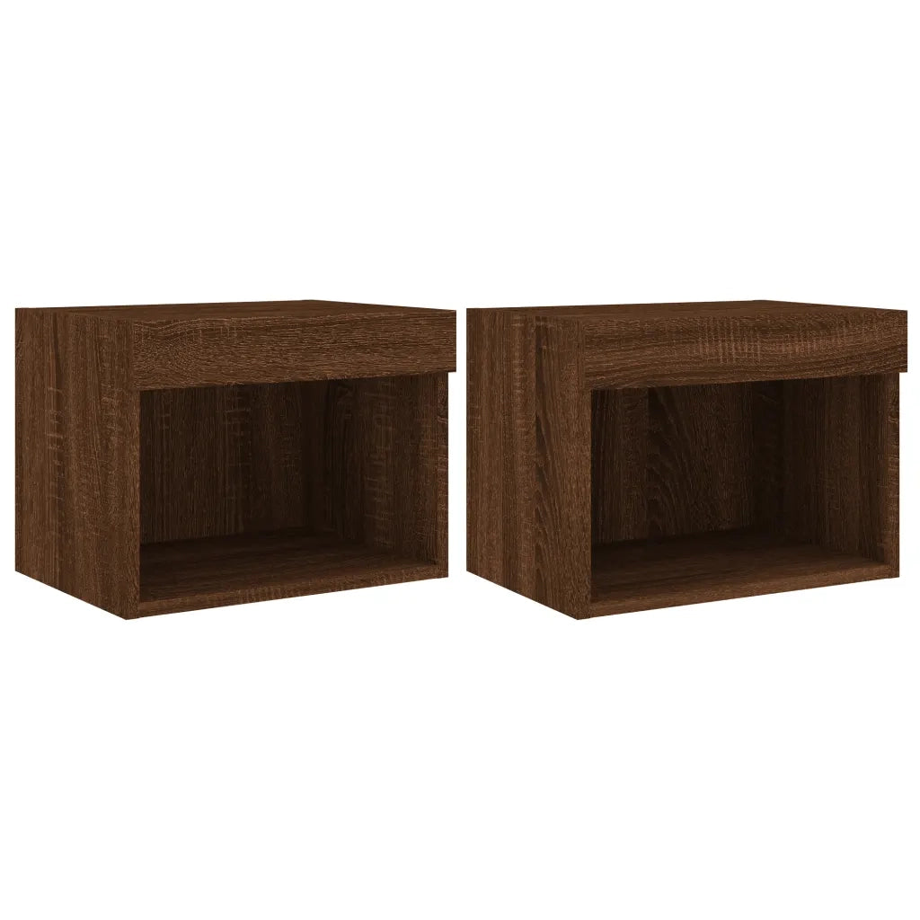 Set di 2 Comodini | Armadio da Notte | Mobiletto da notte con Luci LED a Parete Rovere Marrone