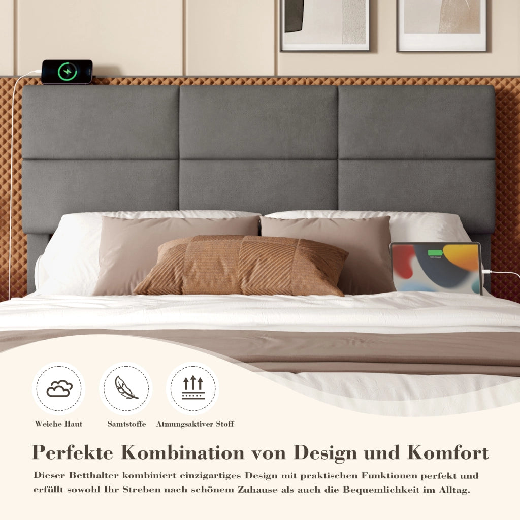Letto Matrimoniale 180x200 cm con LED; USB; Type-C e contenitore; testiera regolabile