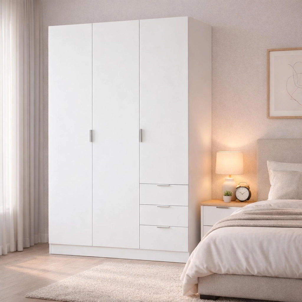 Armadio Guardaroba Con 3 Ante Battenti 4 Ripiani E 3 Cassetti Barra Appendiabiti Salvaspazio Per Stanza Matrimoniale Design Moderno 200 x 52 x 135 Cm Colore Bianco