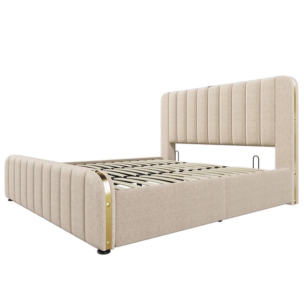Letto con testiera imbottita - Xylo - 180x200 cm - Beige - Funzione di ricarica USB Type-C
