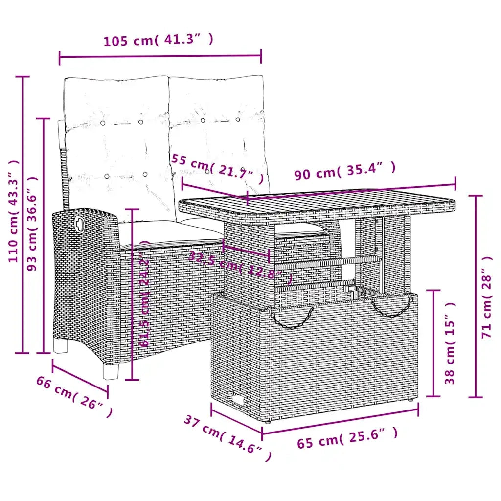 Set da Pranzo da Giardino 2 pz con Cuscini Nero in Polyrattan 3277382
