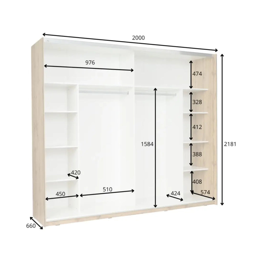 Camera WOOD colori rovere e bianco con letto contenitore LED, cassettiera, comodini e armadio