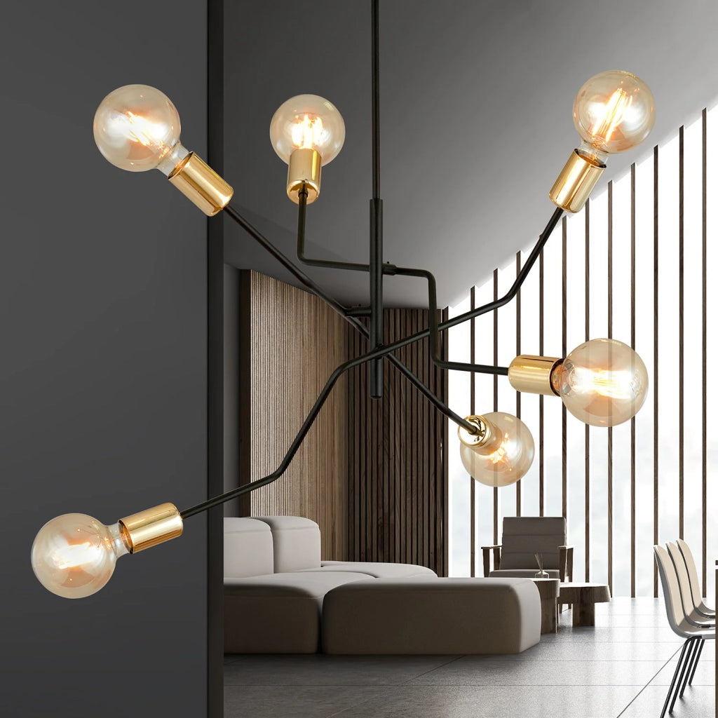 Sospensione Industrial 6 Luci Temi In Acciaio Nero E Oro Bracci Regolabili