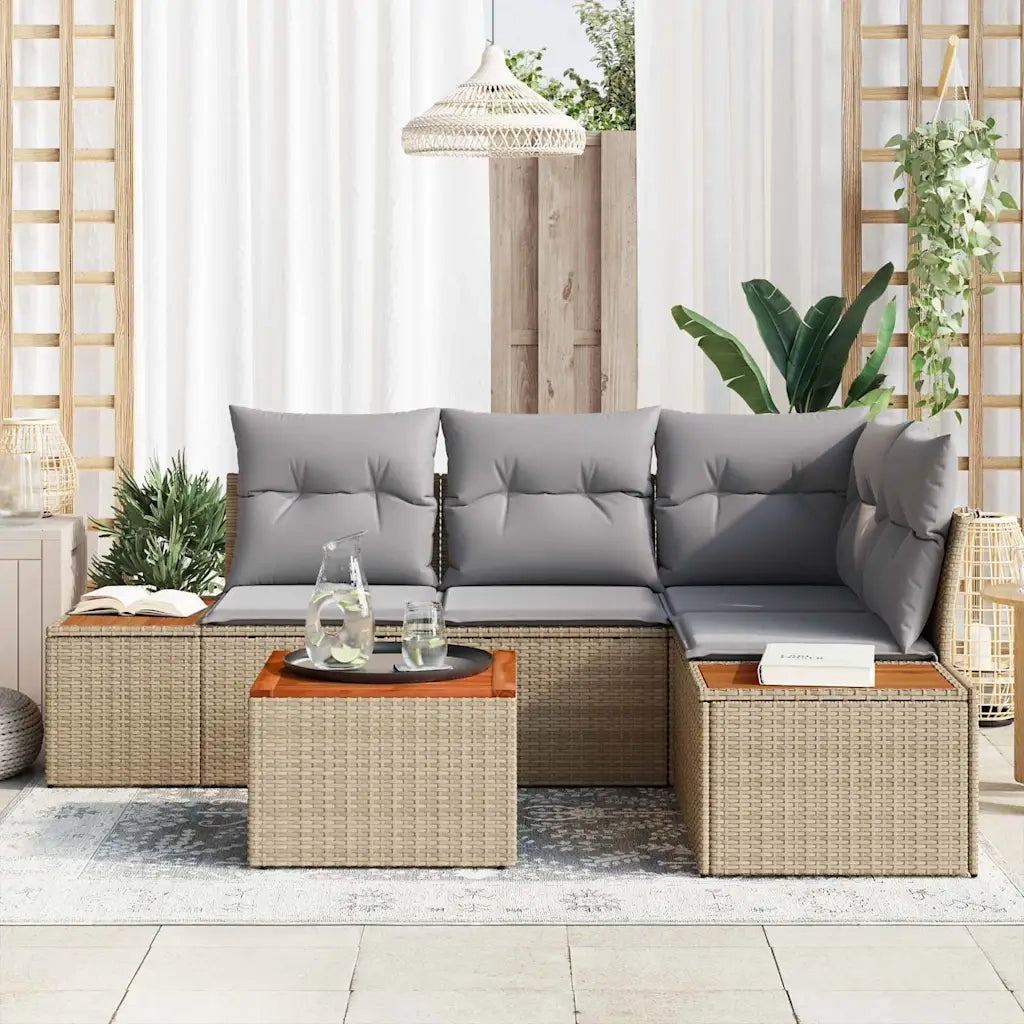 Set Divano da Giardino con cuscino 5 pcs Beige Poly Rattan