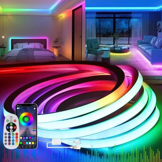 Striscia LED RGB a Neon 2m con Alimentatore e Controller - Impermeabile IP65, per Interno e Esterno