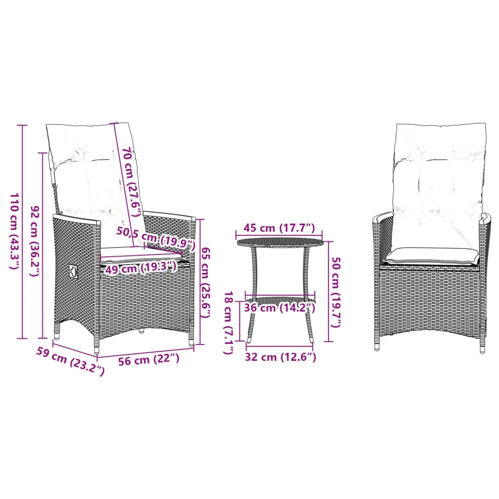 Set da Bistrò 3 pz con Cuscini Nero in Polyrattan 365657