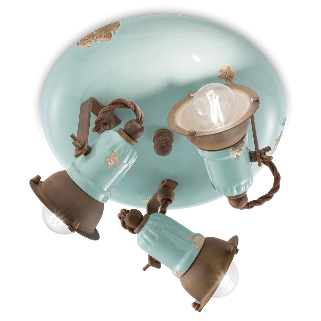 Plafoniera Vintage Loft Ferro E Ceramica Azzurro 3 Luci E14