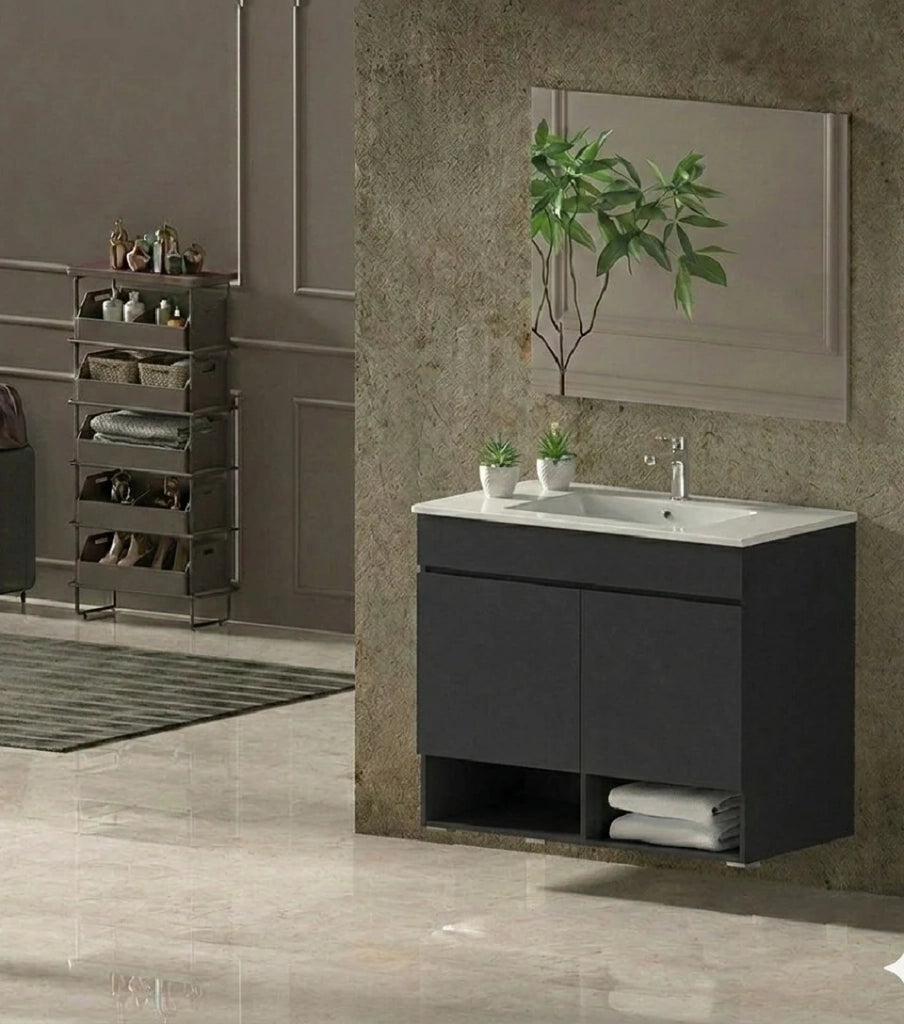 Mobile Bagno NEBARI Già Montato 2 portas, lavabo e specchio Grafite 80x40 cm