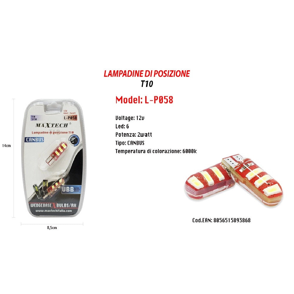Trade Shop - Lampadine Di Posizione Canbus Maxtech L-p058 12v 6 Led 2 W 6000k Ultra Luminose -