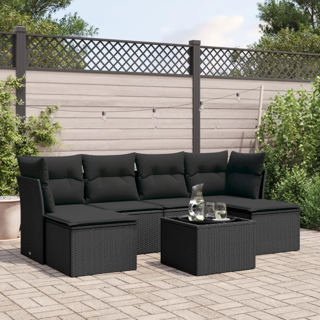 Set Divani da Giardino con Cuscini 7pz Nero Polyrattan