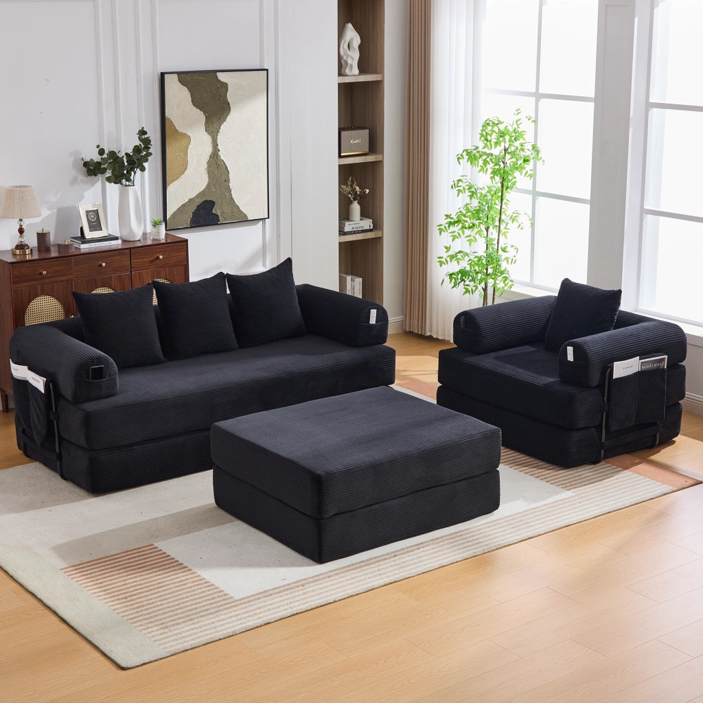 DIVANO Modulare in velluto a coste nero con pouf e cuscini