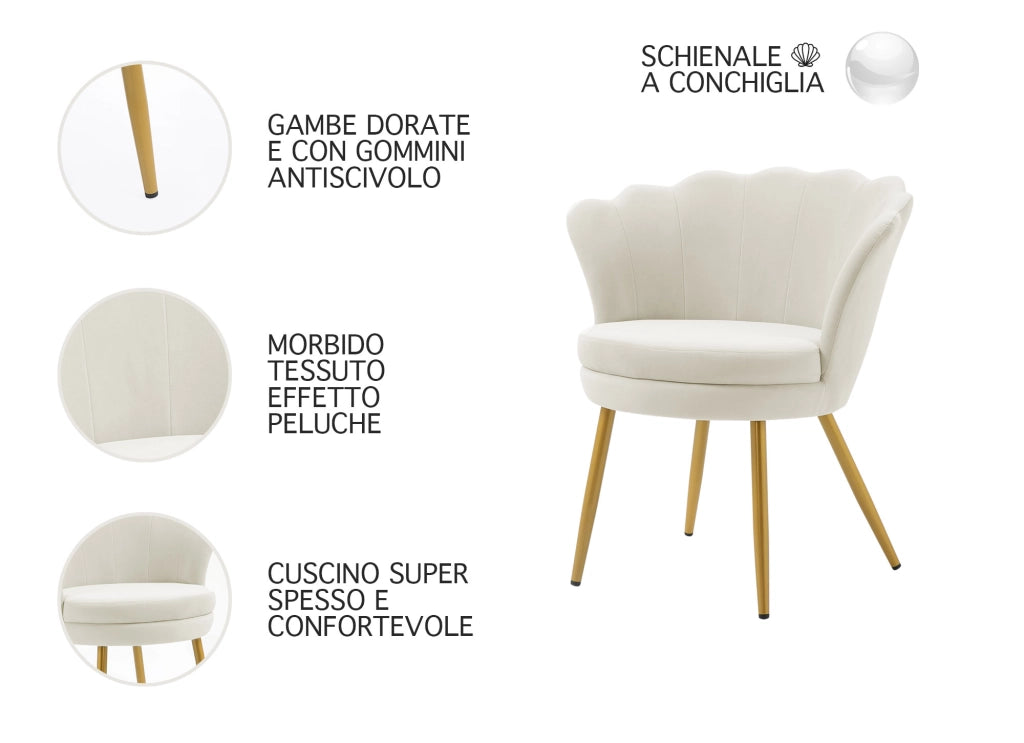 Poltrona Conchiglia Camera da Letto in Velluto Design Moderno Maddina Beige