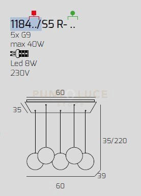 SOSPENSIONE OTTONE SAT. 5 LUCI RETTANGOLARE VETRI 2X TR + 3X AM 1184OS-S5 R-TA