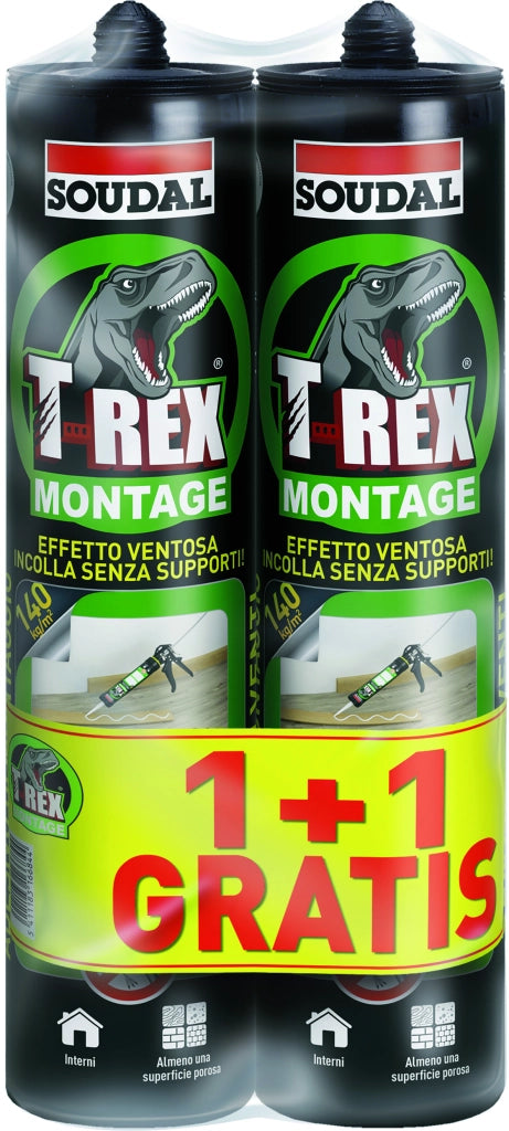 Soudal ADESIVO DI MONTAGGIO ''T-REX 1+1 OMAGGIO'' EFFETTO VENTOSA gr. 380 - Bianco 6.00 pz