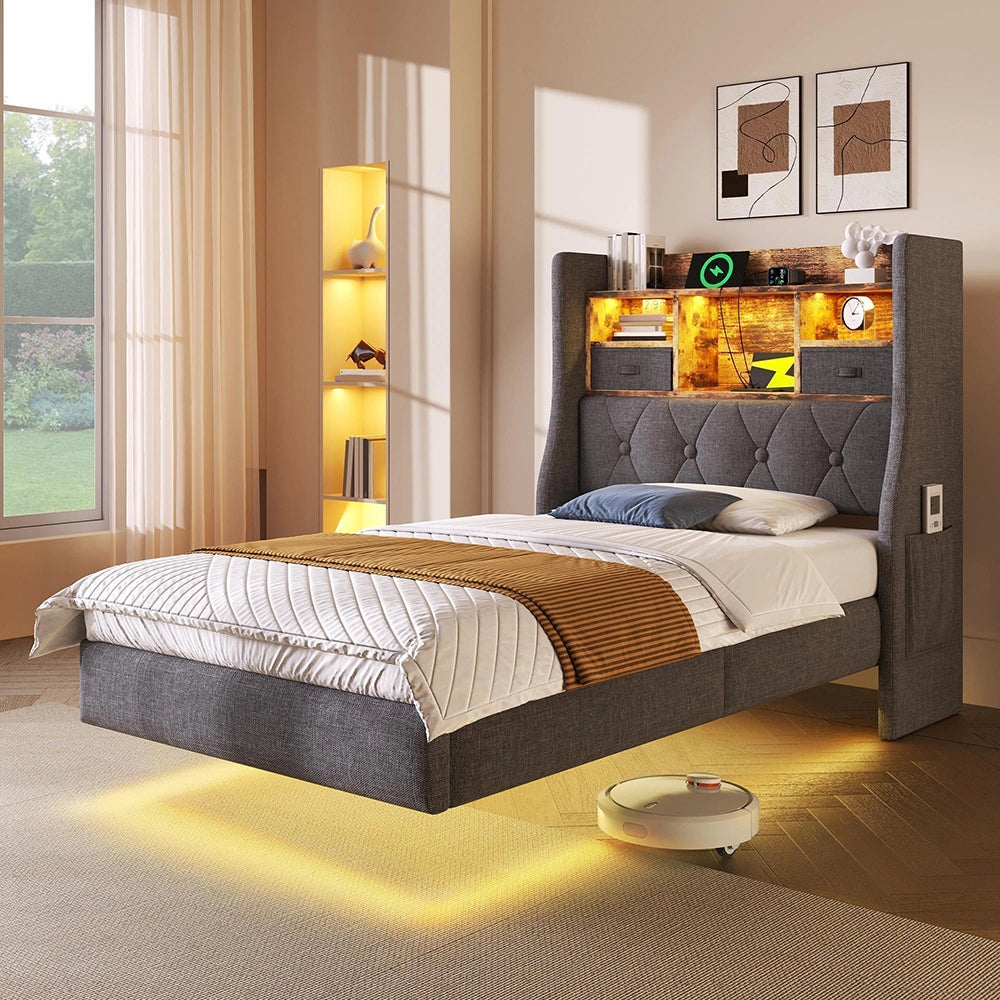 Letto sospeso 90x200cm?- Xylo - LED USB Type-C lino grigio