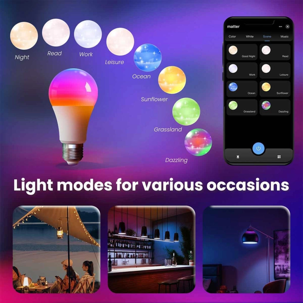 Lampada Led Matter E27, RGB+CW, Matter WIFI 2.4G TUYA, Smart Life, Apple Home, Google Home, Alexa, SmartThings AC 90-250V, 50/60HZ, 9W, 60X117mm, IP20, MU12709