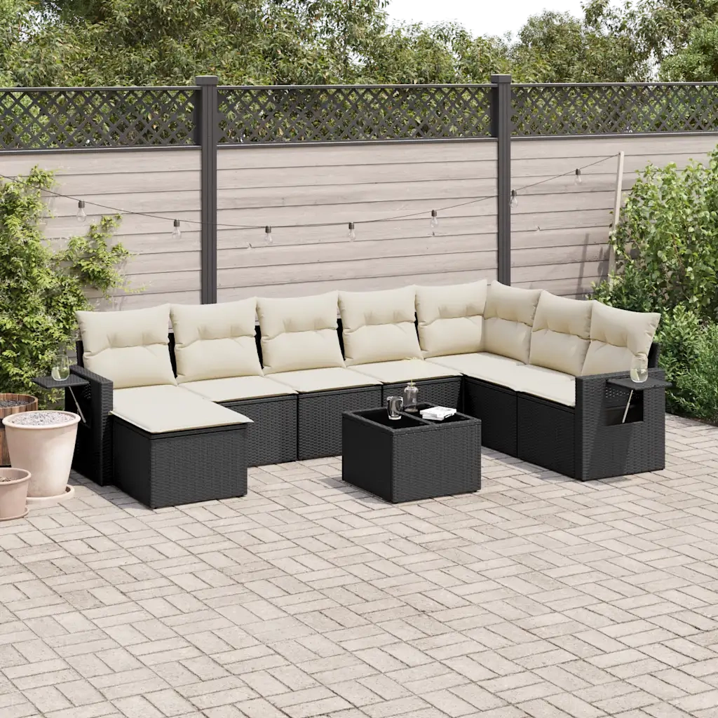 Set Divani da Giardino 9 pz con Cuscini Nero in Polyrattan