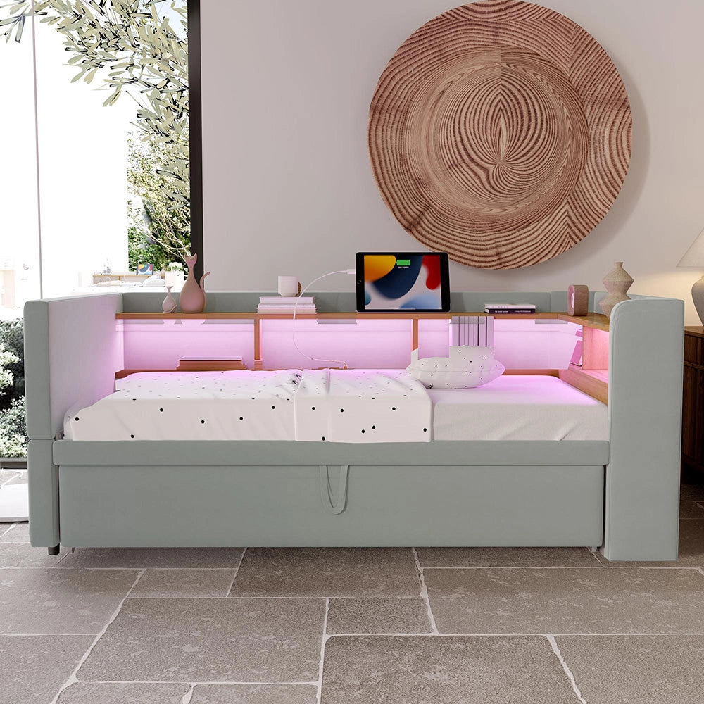 Divano letto - Xylo - 90/180x190 cm LED USB grigio chiaro