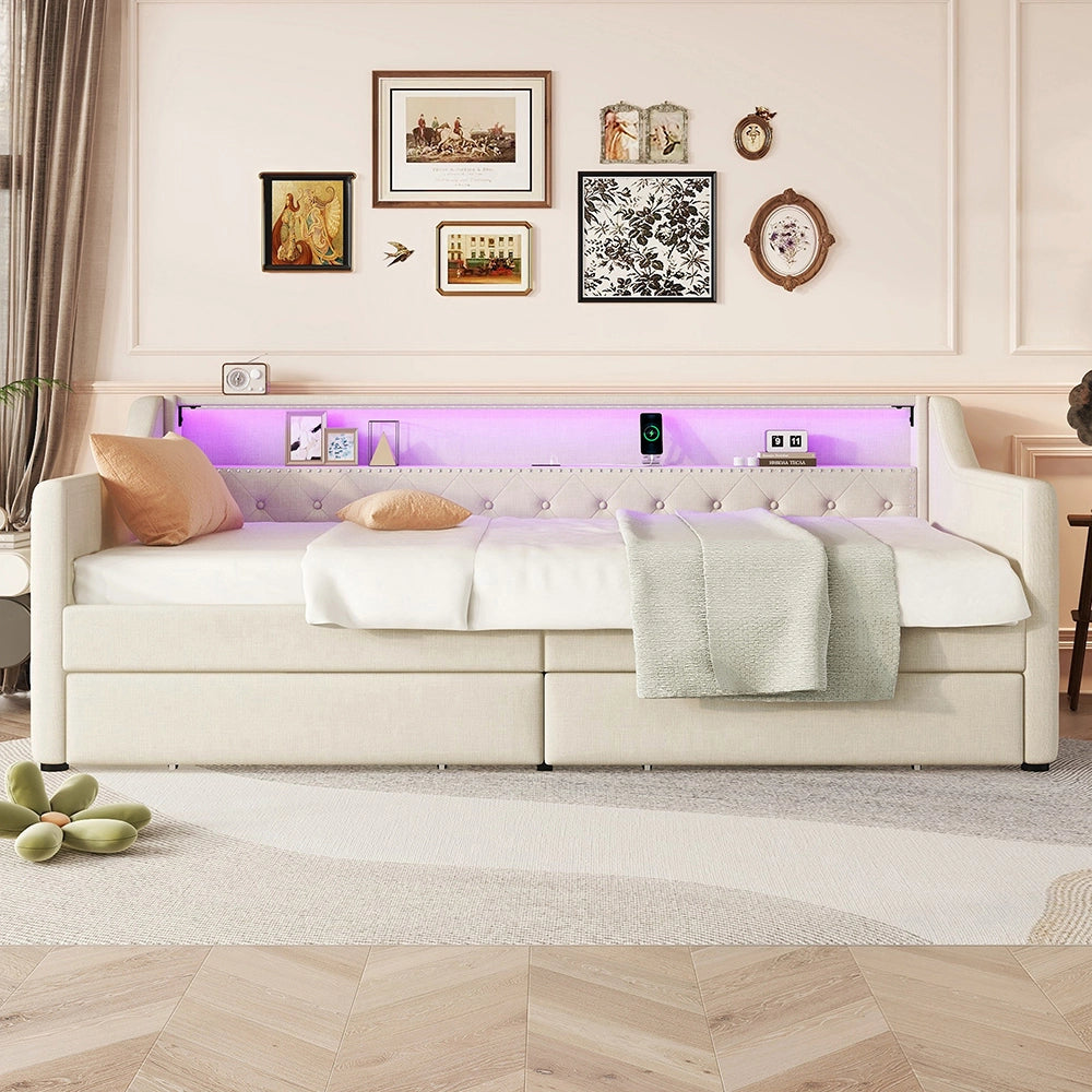 Letto a cassetti - Xylo - 90x200 cm - Lino Beige - Luci ambientali telecomando