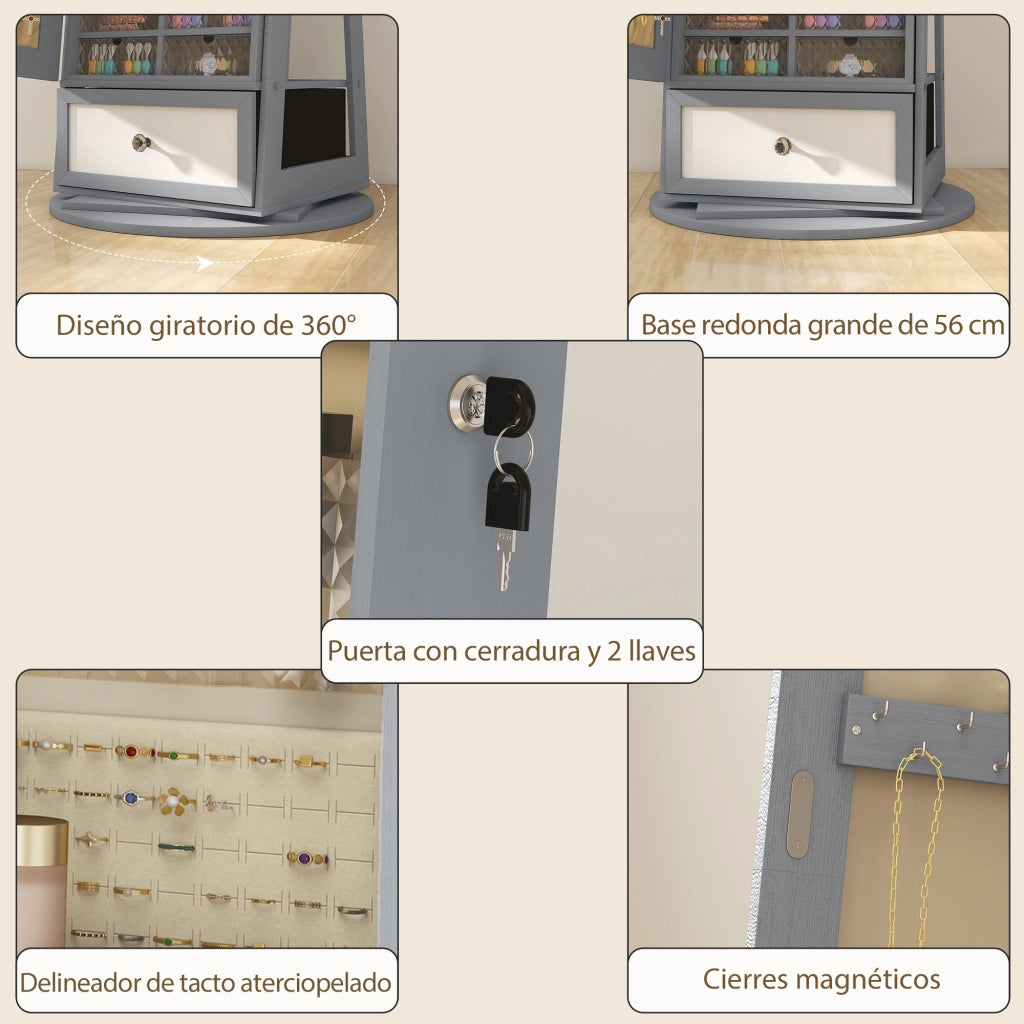 Armadio Gioielli con Specchio e Luci LED ¨C Minimal ¨C Grigio Chiaro 60x40x180