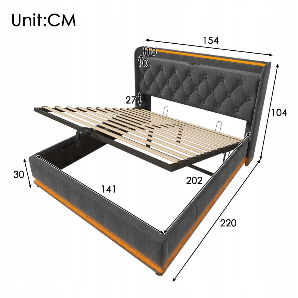 Letto imbottito 140x200 - Xylo - Grigio, idraulico, LED, USB-C