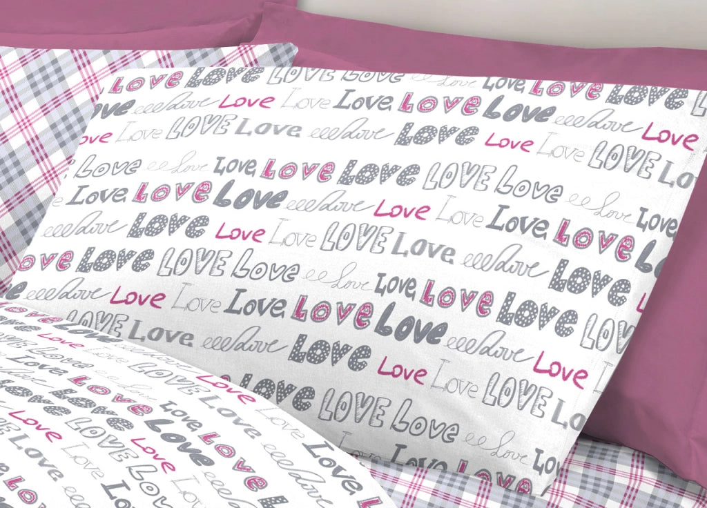 Completo Lenzuola Letto Linea Young 100% Cotone Disegno Love Love - Piazza E Mezza - Rosa
