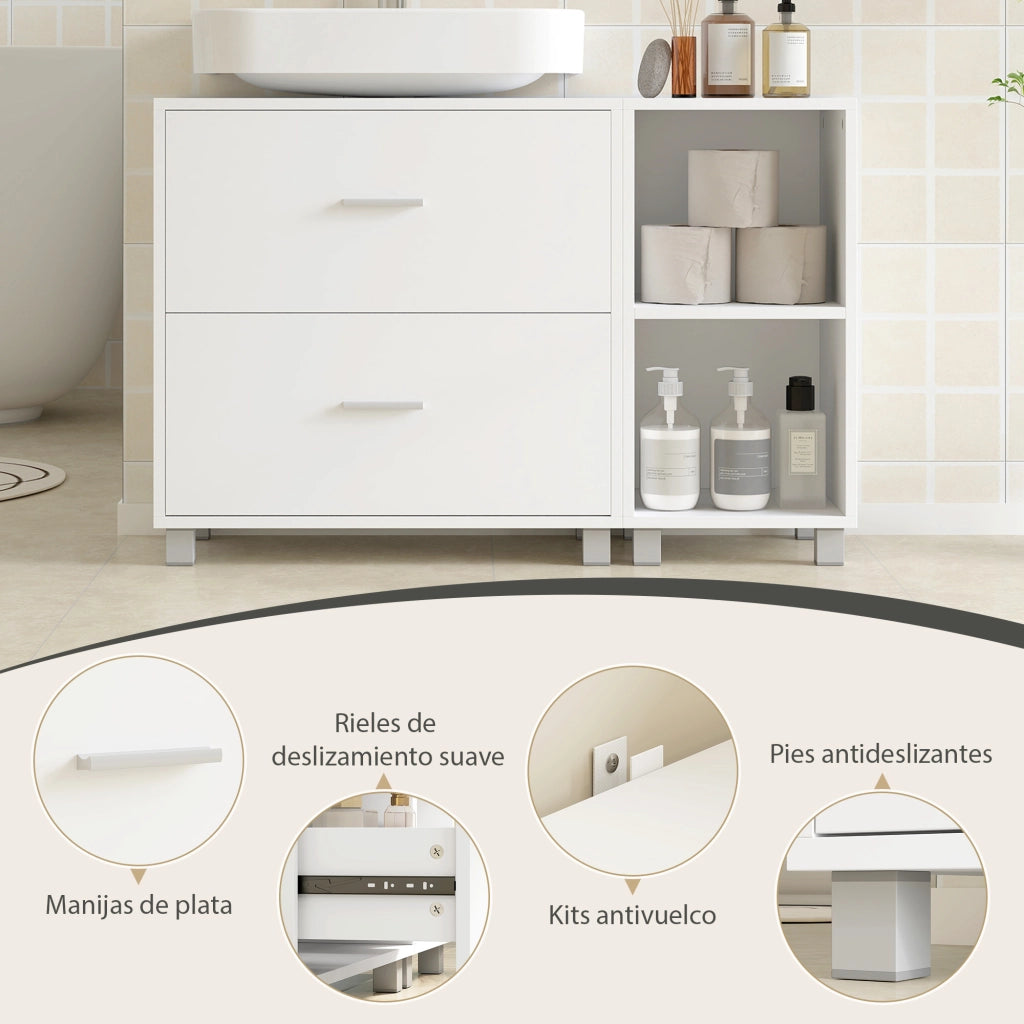 Mobile Sottolavabo con 2 Cassetti e 2 Ripiani Aperti ¨C Xylo ¨C Bianco 90x30x60 cm