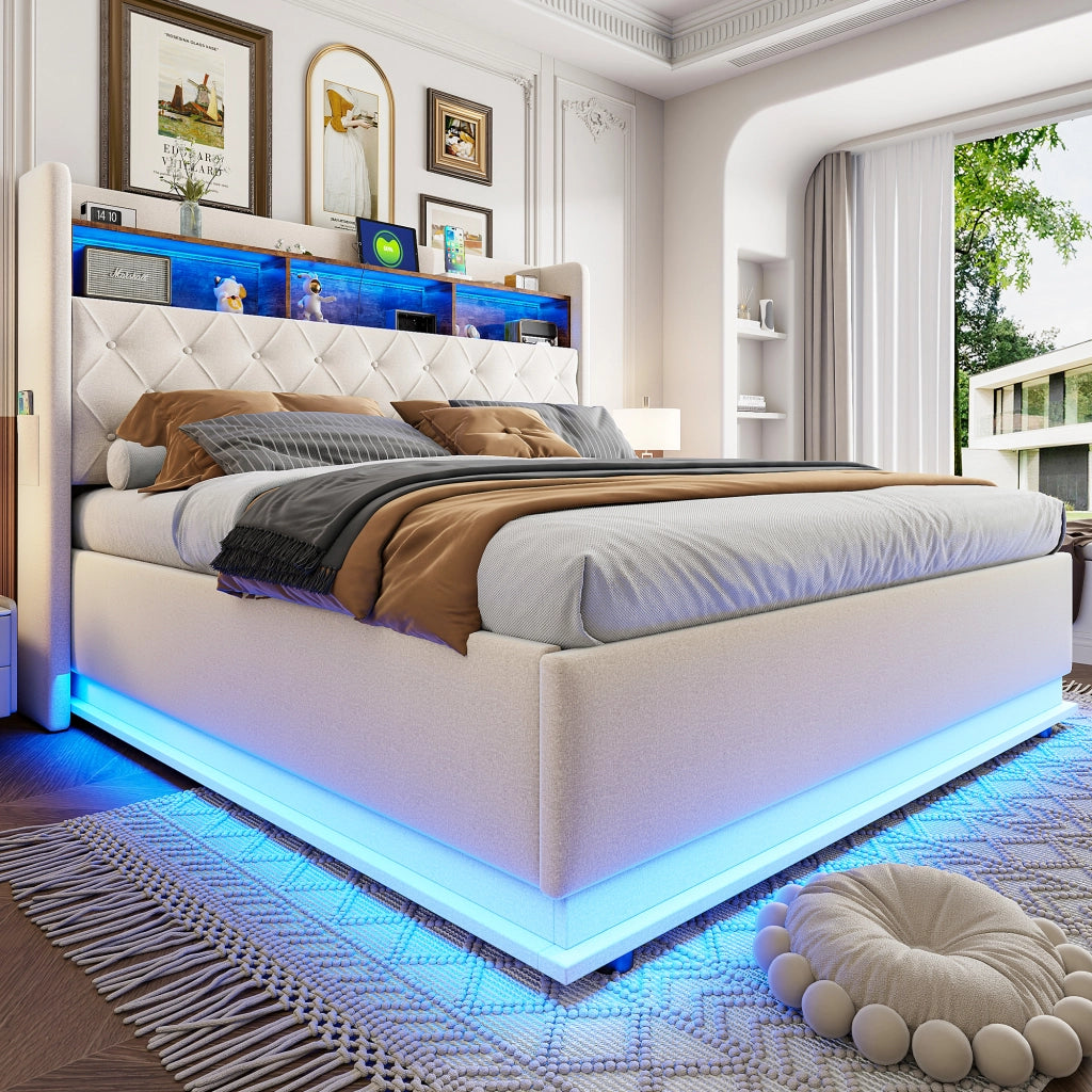 LETTO Imbottito 180x200 cm Beige con LED, USB e vano contenitore