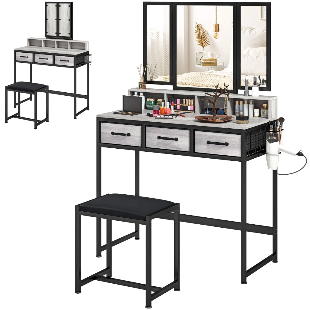Cassettiera per Trucco con Specchio e Sgabello ¨C Minimal ¨C Grigio Tessuto 3 Cassetti