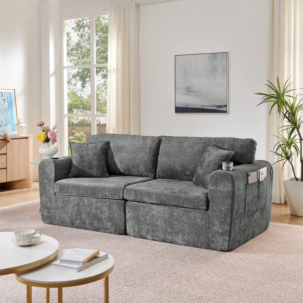 Divano relax 2 posti in chenille grigio con USB; tasche laterali; portabicchieri e cuscini