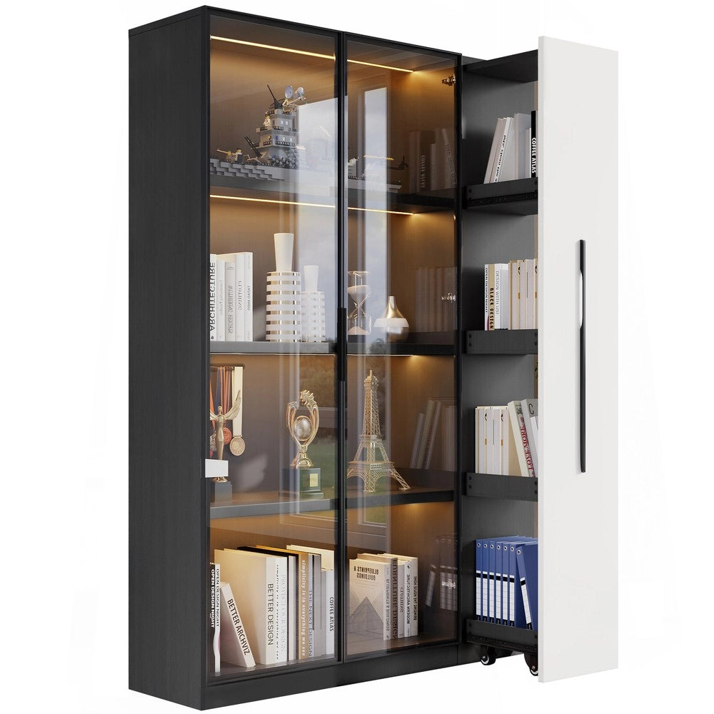 Armadio Multifunzione con Vetrina LED e Ripiani ¨C MINIMAL ¨C Bianco e Nero, 110x35x160 cm