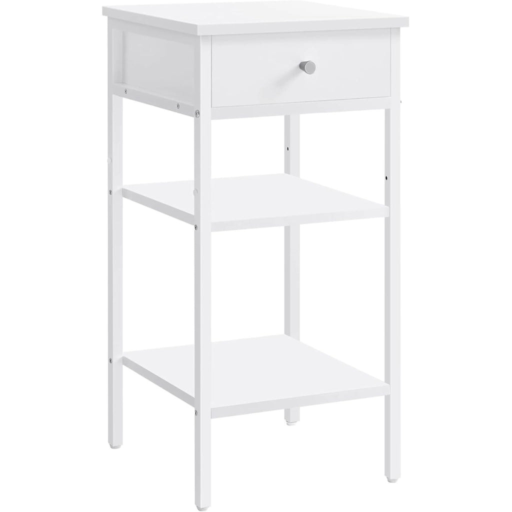 Comodino moderno alto con cassetto e ripiani in bianco