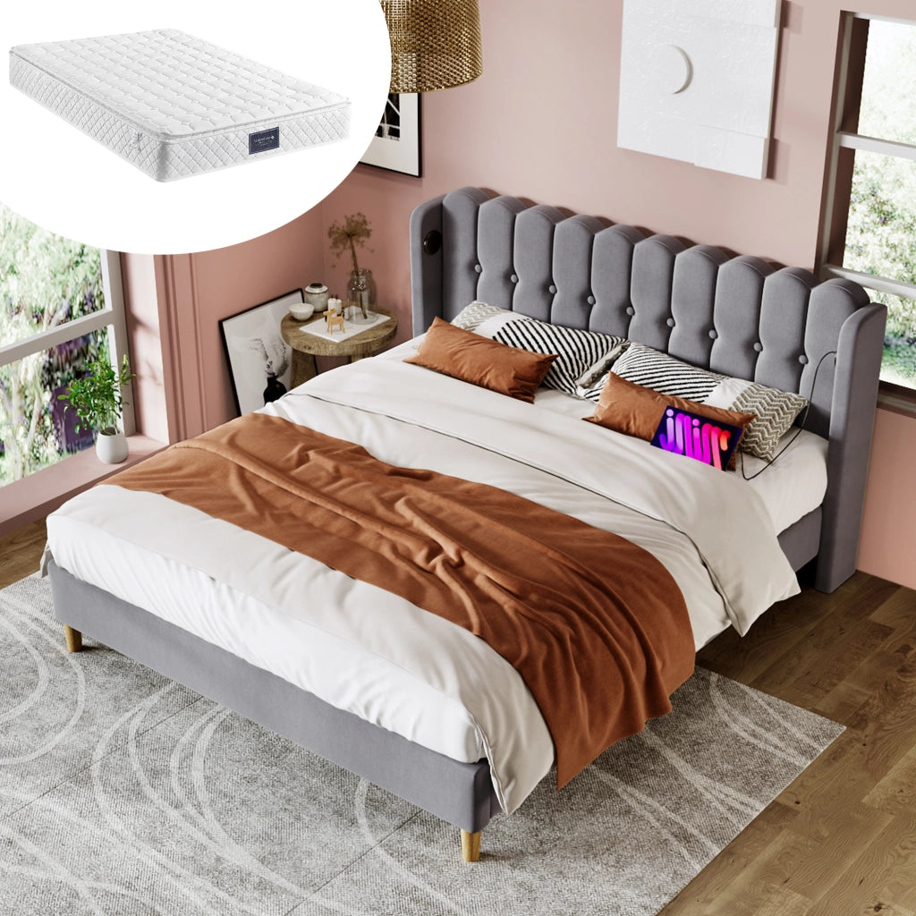 DESMIU Letto Matrimoniale 140 × 200 cm 2 posti con USB e Type-C, con materasso, in lino, grigio