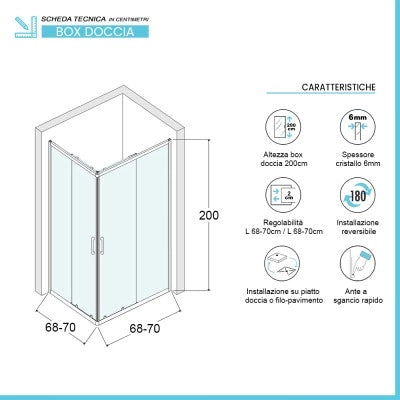 Box doccia angolare 70x70 cm doppio scorrevole in cristallo trasparente Ted