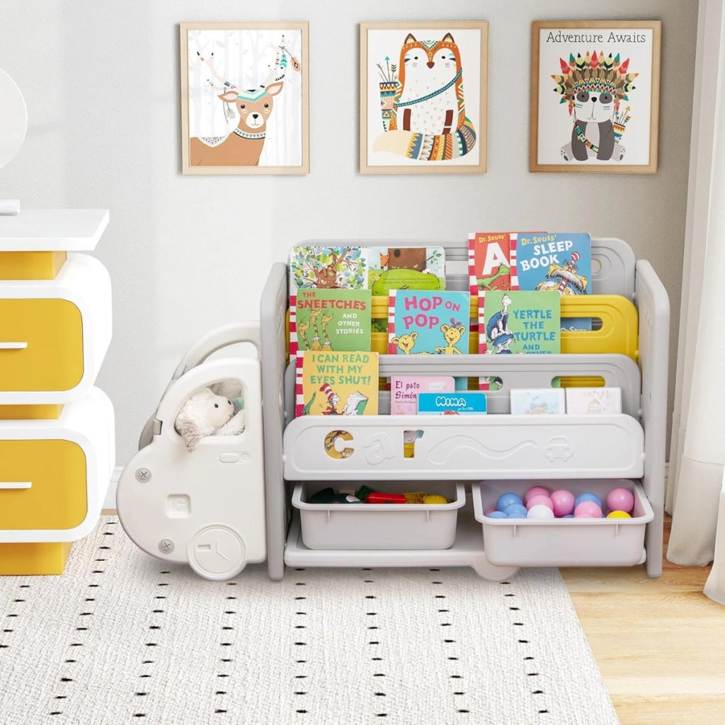 Scaffale per giocattoli e libri per bambini, Libreria a tema auto con 3 ripiani 2 scatole e ruote decorative Beige e Grigio
