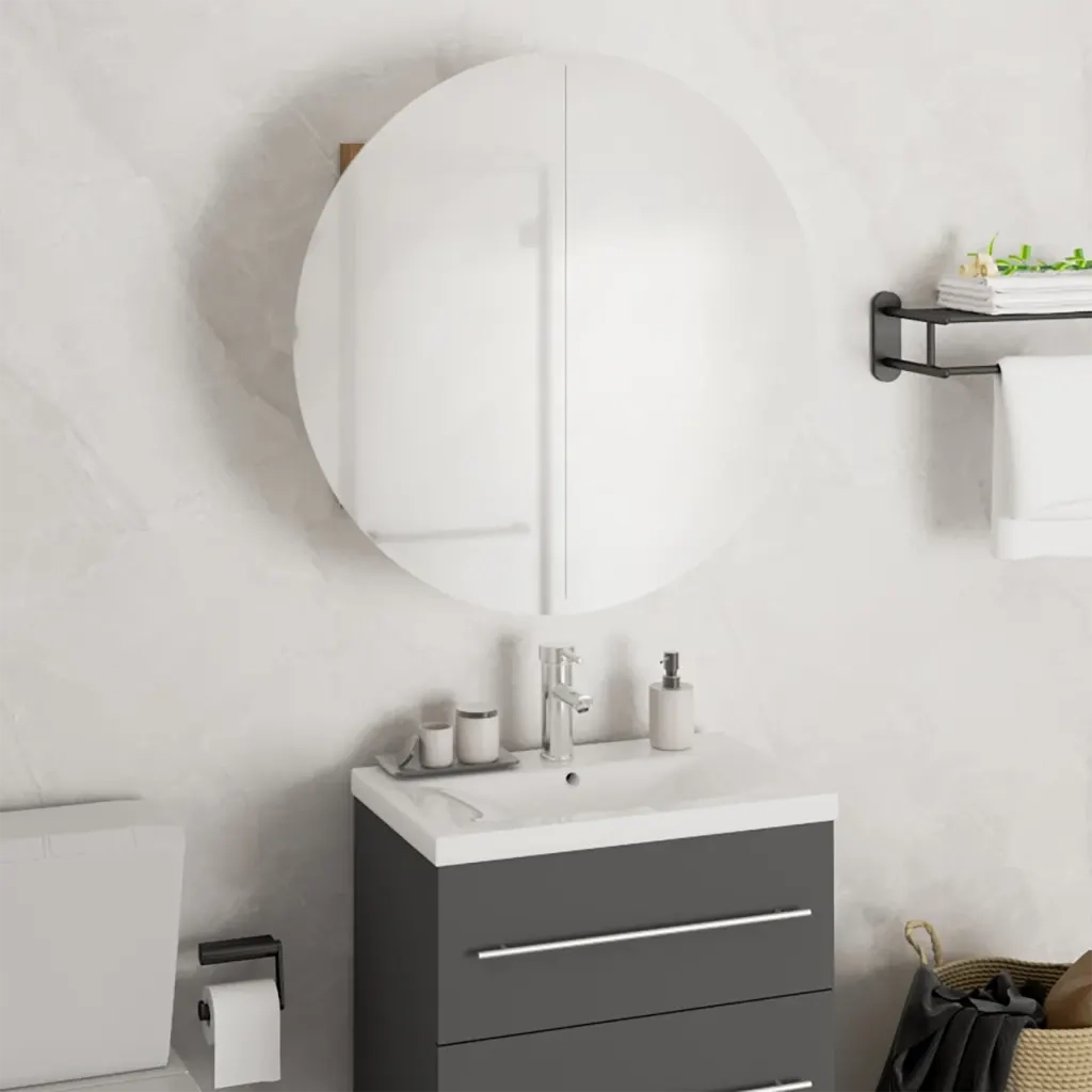 Armadio da Bagno con Specchio Rotondo e LED-Mobile bagno con specchio Rovere 47x47x17,5cm