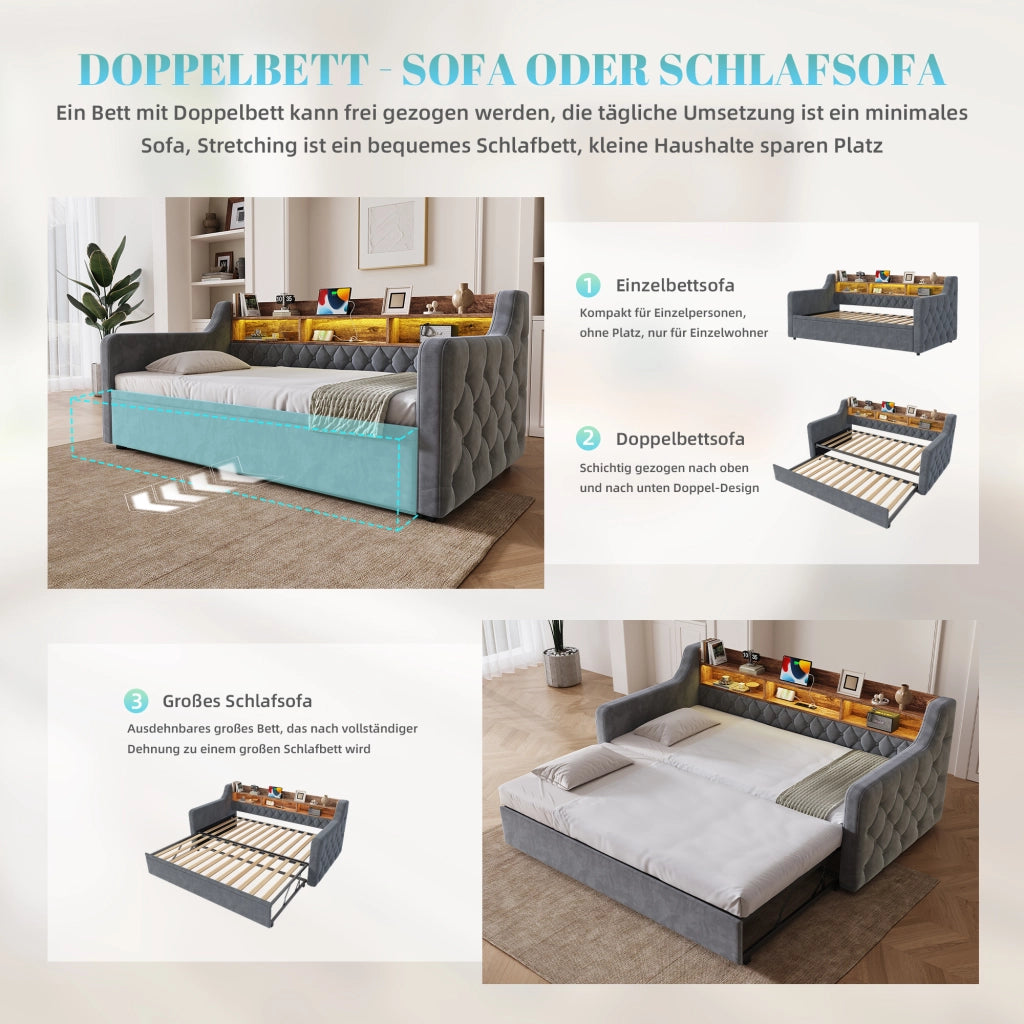 DIVANO LETTO 90x190 cm in velluto grigio scuro con braccioli