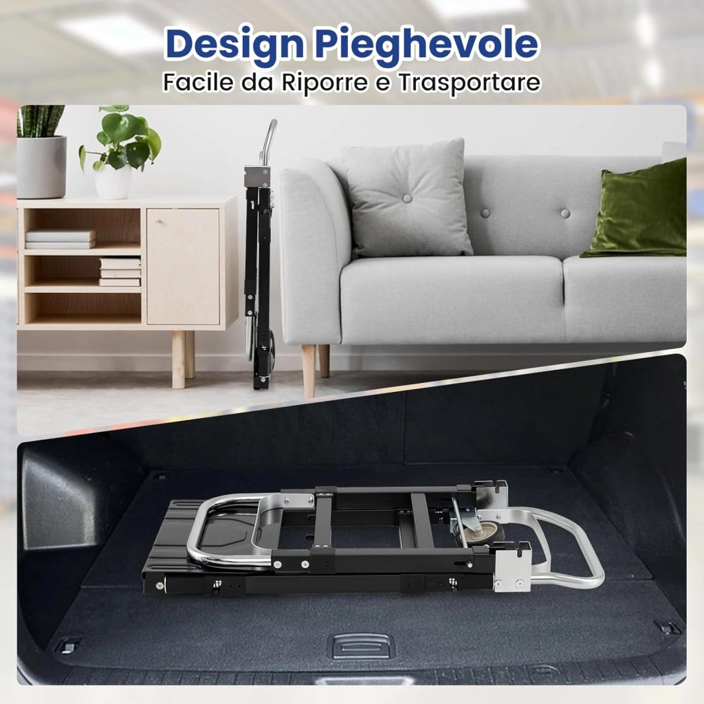 Carrello Pieghevole 3 in 1, Carrello a Mano e Piano Regolabile con Manico Retrattile e Lunghezza Regolabile, Capacità di Carico 272 kg, per Garage, Magazzino
