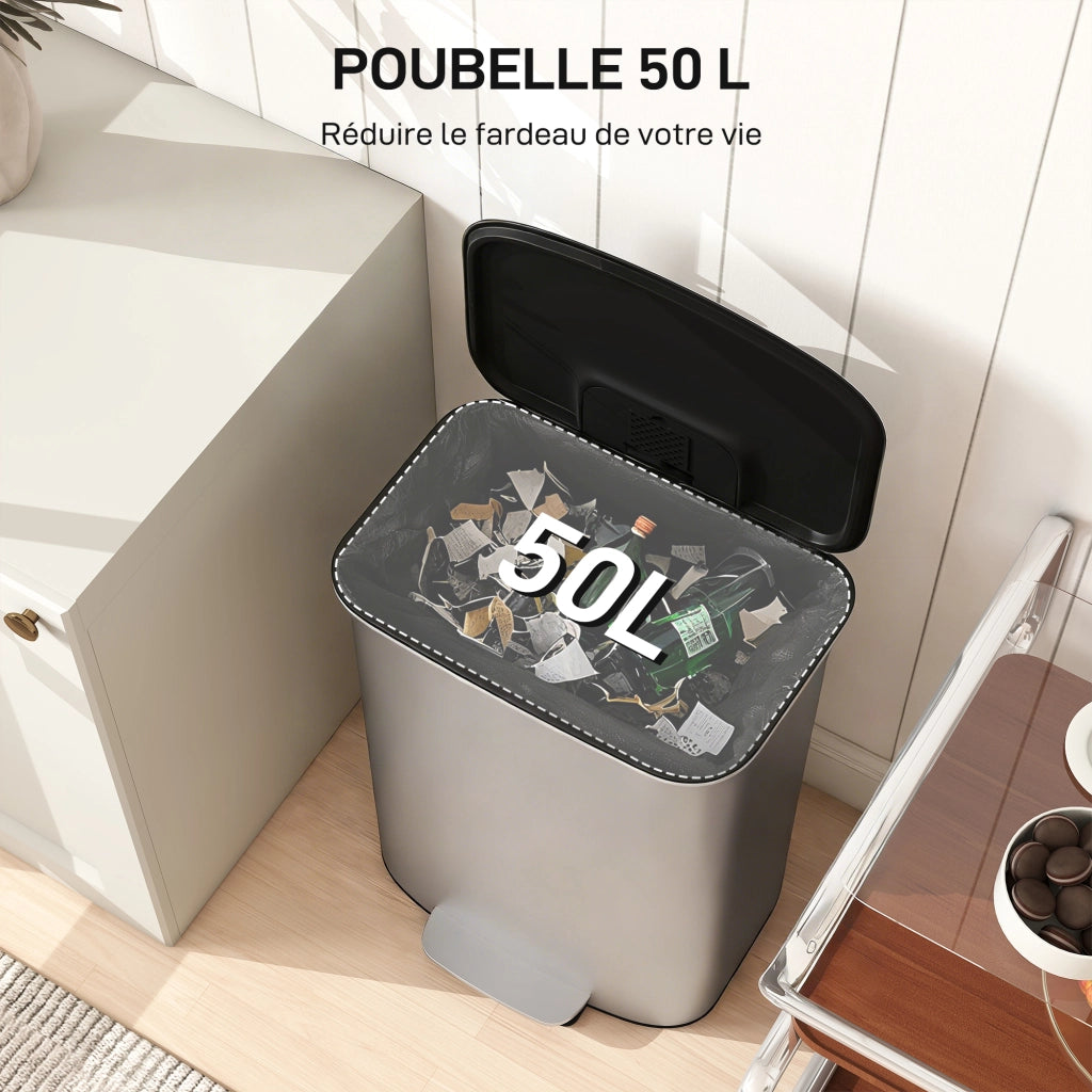 Pattumiera da cucina 50L ¨C Xylo ¨C con pedale, coperchio soft-close, secchio interno estraibile, 45,1x36,5x62,6cm, grigio