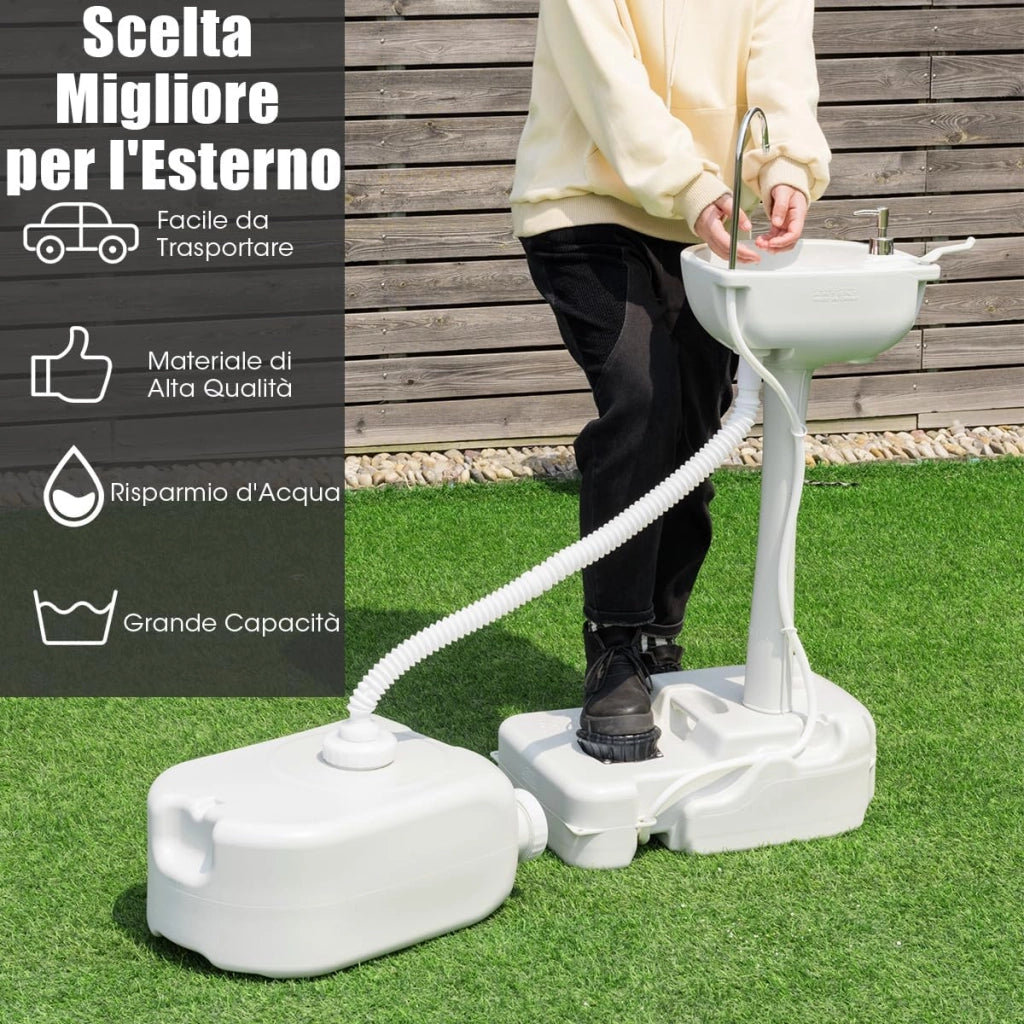 Lavandino da Campeggio con Pompa a Pedale, Lavandino Portatile con Serbatoio d'Acqua da 17L, Dispenser Sapone, Portasciugamani e Ruote (58 x34 x 102cm)