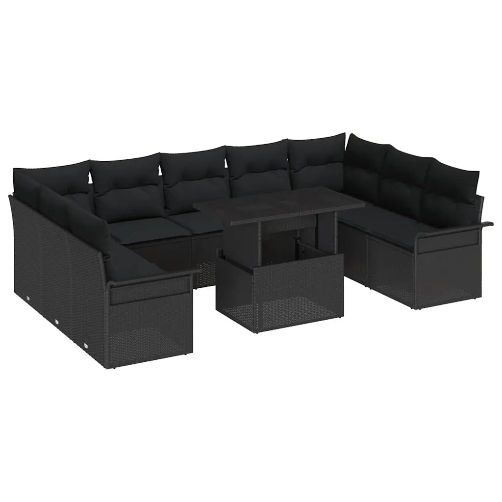 Set Divano da Giardino con cuscino 10 pcs Nero Poly Rattan