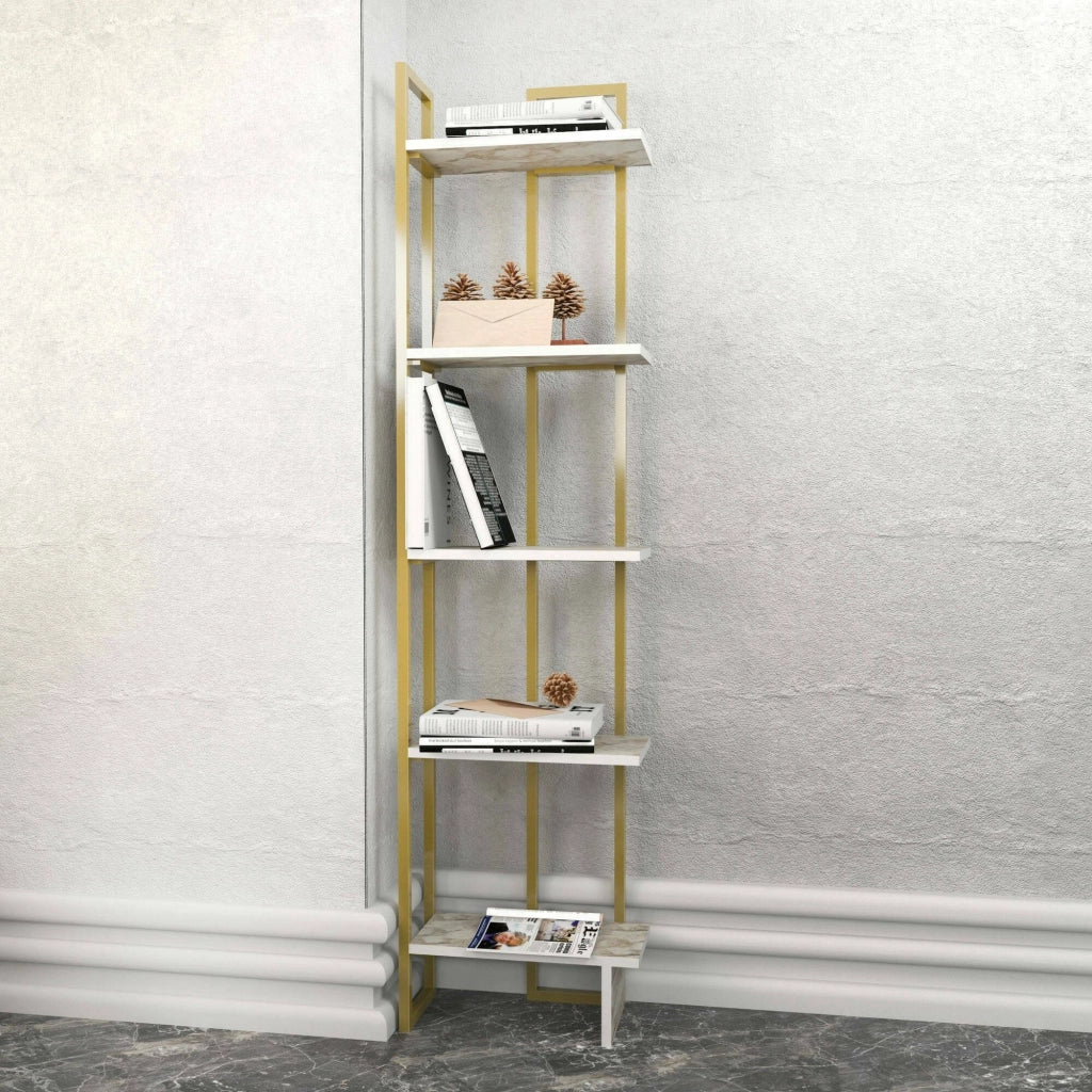 Libreria Giraffa, Scaffale da ufficio, Mobile portalibri, Biblioteca, 45x22h180 cm, Bianco e Oro