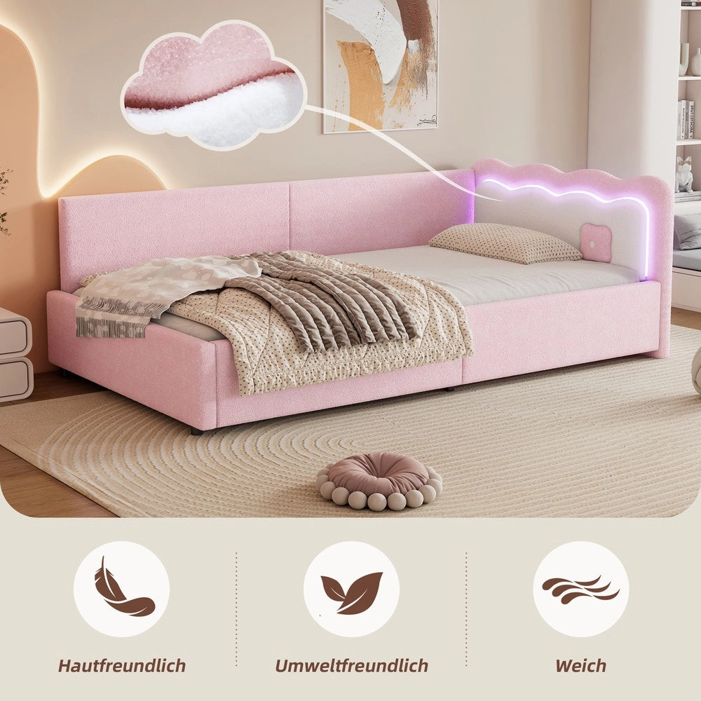 Letto Singolo con LED e Rete a Doghe ¨C MINIMAL ¨C Rosa, Tessuto, 90x200