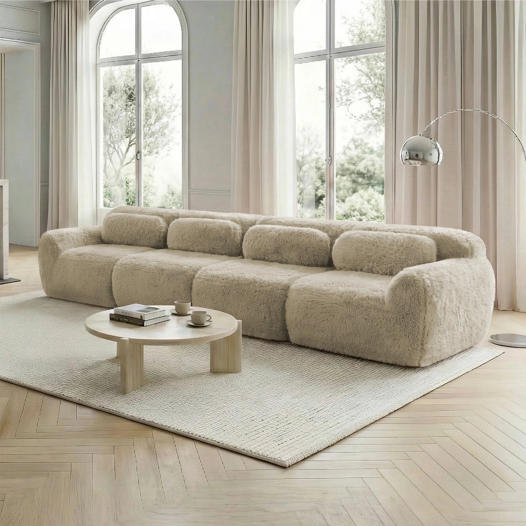 Divano 4 Posti ¨C MINIMAL ¨C Velluto Morbido, Cuscini, Beige Chiaro